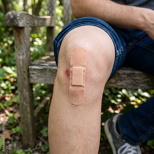Close up of injured knee with bandage on wooden park bench outdoor setting