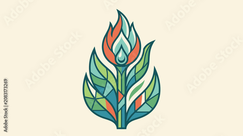 Eine stilisierte, geometrische Illustration einer Blume oder Fackel mit Mosaik-Elementen in sanften Grün-, Blau- und Orangetönen auf einem hellen, cremefarbenen Hintergrund.