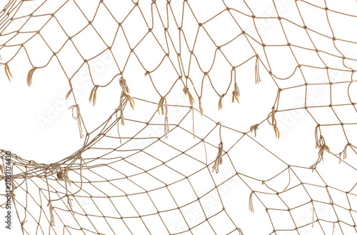 Torn Football or tennis net. Rope mesh on a white background close-up