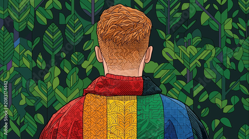 Illustration d'un homme aux cheveux roux vu de dos, portant une cape aux couleurs de l'arc-en-ciel devant un fond de feuillage dense et stylisé évoquant la nature et la diversité.