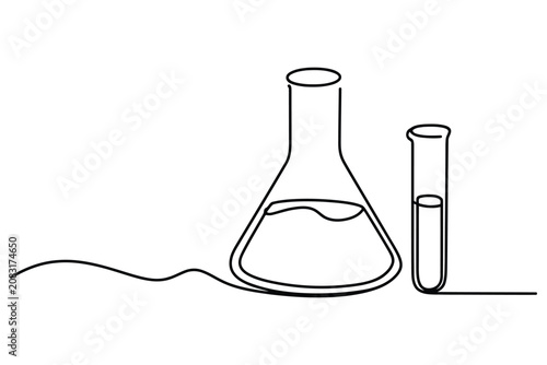 Laboratory flask and test tube one line drawing science vector art.