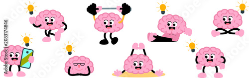 Bild auf Leinwand Brainy Activities: A collection of cheerful, anthropomorphic brains engaging in various activities, from exercising and meditating to using a smartphone and having a bright idea