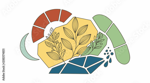 Abstrakte botanische Illustration mit handgezeichneten Blättern, geometrischen Formen und weichen Pastellfarben in einem modernen, minimalistischen Design auf weißem Hintergrund.