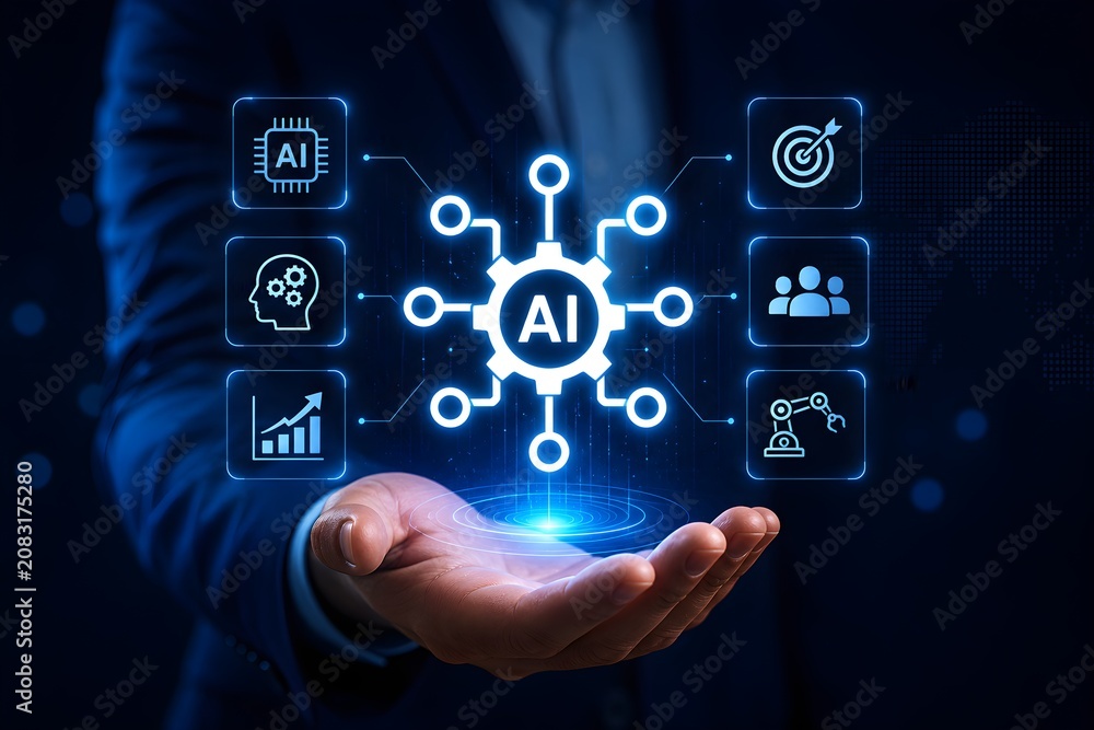 Fototapeta premium Businessman hand presenting glowing ai automation hologram with connected gear network and technology icons on dark blue futuristic background