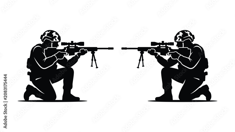 Fototapeta premium Two soldiers in tactical gear kneeling and aiming sniper rifles