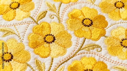 An elegant quilted textile pattern featuring repeating yellow flower motifs with green leaves stitched onto a crisp, light-colored fabric base.