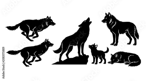 Foto Black wolf silhouettes, wolf pack icons, canine graphics, animal illustrations