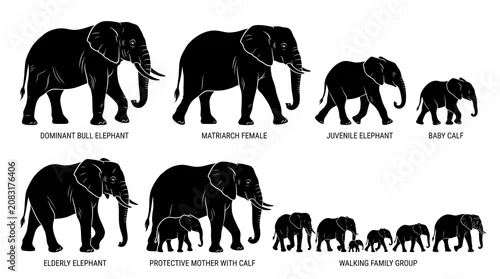 Fototapeta samoprzylepna Elephant silhouettes, various poses and ages, black icons, set of 7