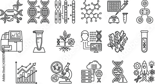 Bild auf Leinwand Genetics and Biotechnology Laboratory Line Icon Set with CRISPR Gene Editing DNA