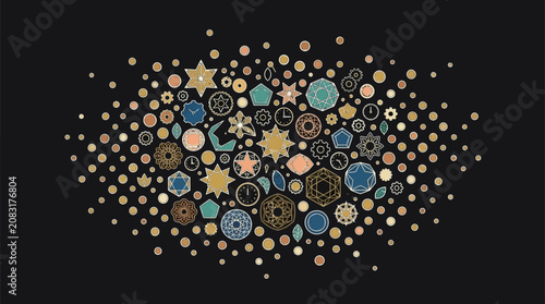 Abstrakte Komposition mit einer Ansammlung von geometrischen Formen, Sternen und kreisförmigen Mustern in Gold, Blau und Beige auf einem dunklen schwarzen Hintergrund.