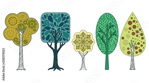 Eine Sammlung von fünf stilisierten Bäumen mit verschiedenen geometrischen Mustern und Formen in einer flachen, dekorativen Illustration auf weißem Hintergrund.