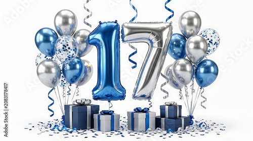 17th birthday celebration with blue and silver balloons and gifts