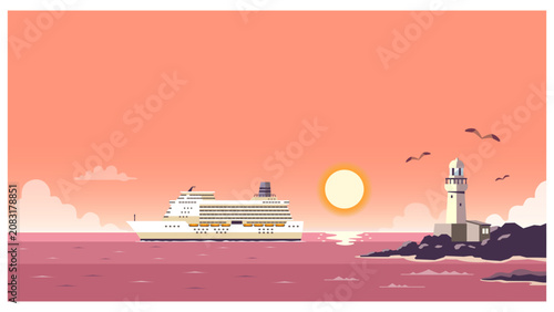 夕焼けの海と灯台と豪華客船の背景イラスト
