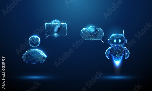 3D blue avatar with question and robot with light bulb. Assistant answer, chatbot solution, question dialogue, problem solving, smart idea, virtual support concept