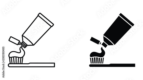 Professional Minimal Vector Icon Toothpaste tube squeezing onto toothbrush head vector icon Editable Stroke, Outline and Solid Style, Black Monochrome, Isolated on White Background