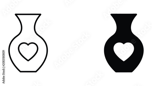 Professional Minimal Vector Icon Vase with heart shape vector icon set Editable Stroke, Outline and Solid Style, Black Monochrome, Isolated on White Background