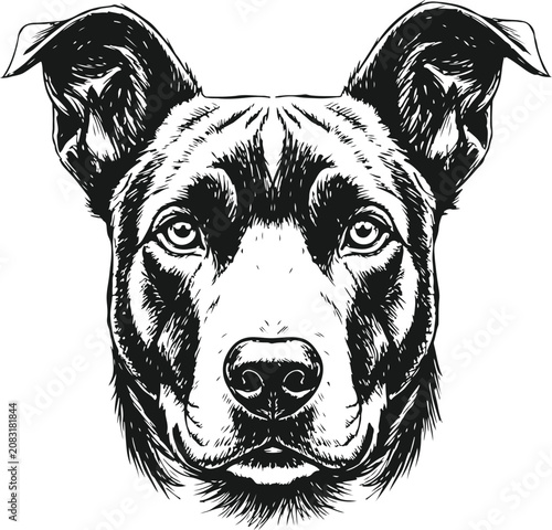 Fotografie Dog Portrait Ink Drawing: A striking ink drawing captures the intense gaze of a dog's face, featuring alert ears and soulful eyes, rendered with bold, expressive linework