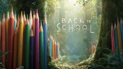 Back to school concept with colorful sharpened pencils forming a mossy forest fence pathway for poster, card and background design