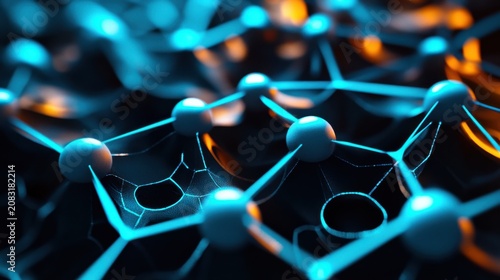 Abstract representation of a molecular network with glowing nodes and connections in blue and orange tones
