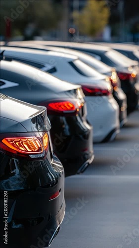 Row of vehicles with lights on, viewed from rear