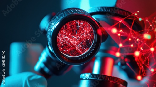 Close up of a microscope lens with digital network visualization for scientific research and innovation