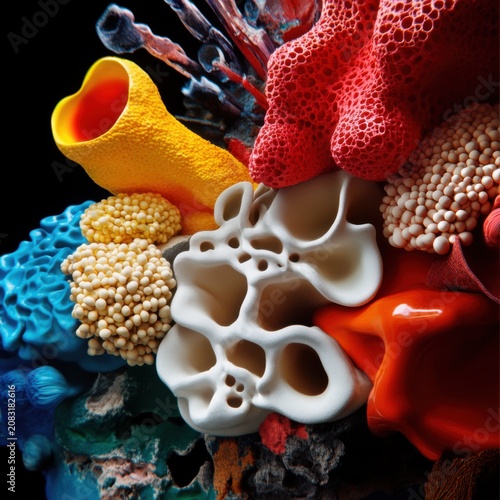 Stunning close up of a vibrant coral reef displaying a variety of colorful marine species and intricate textures