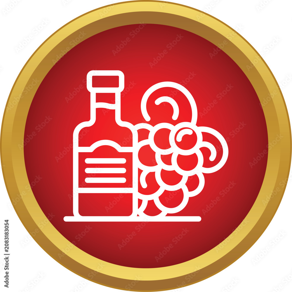 Obraz premium Outline icon representing a bottle of wine beside a bunch of grapes on a red and gold background