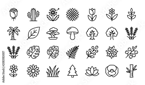 Foto Botanical Nature Line Icons Collection Featuring Flowers Leaves Trees Mushrooms