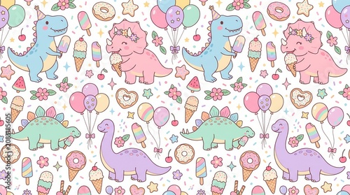Pastel dinos enjoy ice cream, popsicles, donuts, balloons & sprinkles