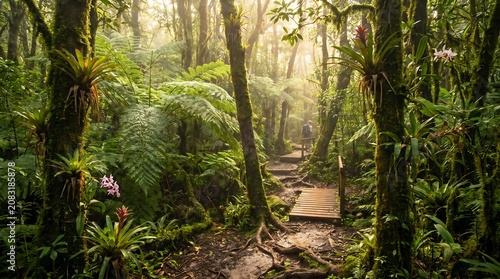 Lush tropical cloud forest with mist and sunlight filtering through dense green foliage and hiking trail path with wooden bridge