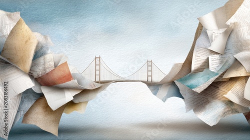 Paper collage bridge silhouette framed by torn newsprint pages for vintage editorial design, poster and conceptual background