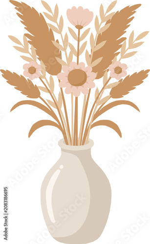 Cute Bohemian Dried Flower Arrangement In Vase Illustration, Cartoon Pastel Pampas Grass and Bouquet, Minimalist Boho Home Decor Element Isolated for Cozy Interior Design
