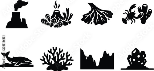 Photos Deep sea ecosystem and seabed silhouette set featuring hydrothermal vents whale