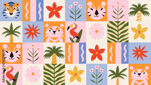 Canvastavla Tropical themed floral ornament with jungle animals in a grid pattern colorful v
