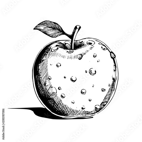 Sketch of a fresh apple with water droplets and leaf detail is very appealing and artistic