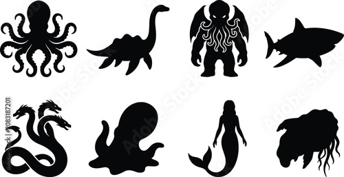 Photography Mythical sea monsters and legendary ocean creatures silhouette set featuring kra