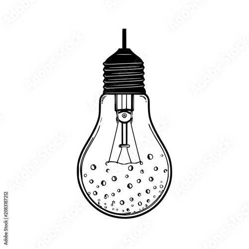 A vintage lightbulb illustration with a filament and small circles on the bottom part of the bulb