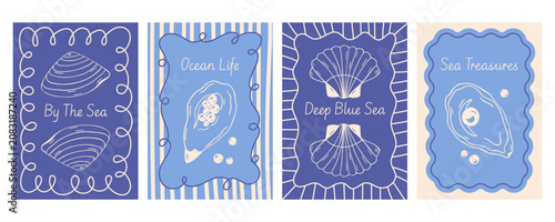 Seashell marine poster set with oyster pearl, bivalve scallop shell, wavy frame, retro stripe template, sea phrases, hand drawn vector,  mediterranean blue line art style for greeting card, postcard