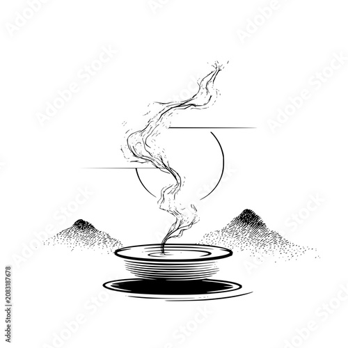 Monochrome illustration of a smoking plate with mountains and a circle in the background