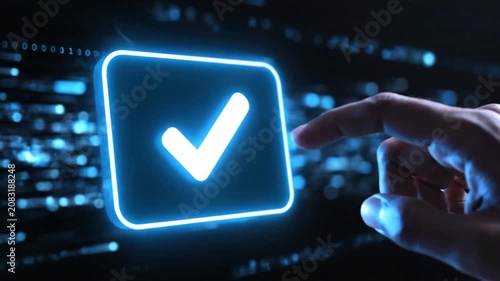 Hand touching glowing blue neon checkmark icon on digital background with binary code