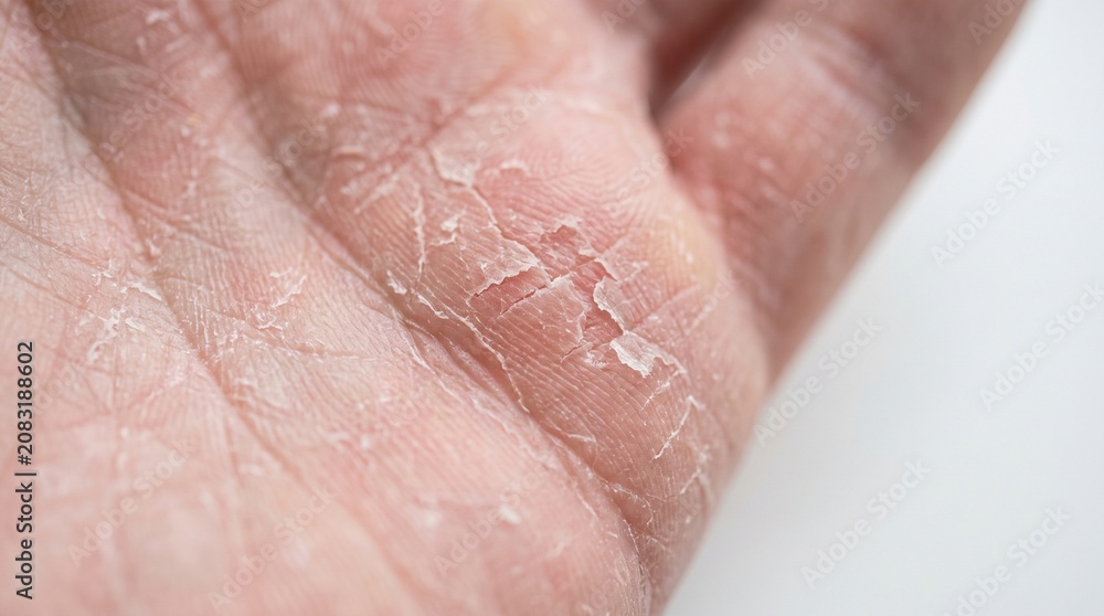 Fototapeta premium An extreme close-up macro photograph of a human palm with visibly dry, rough, and flaky skin. Highly detailed skin texture showing fine lines, peeling patches, and dehydration on the hand.