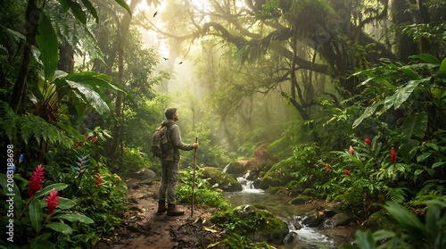 A Solo Hiker Standing Beside a Serene Tropical Rainforest Stream Amidst Lush Foliage and Golden Sunlight
