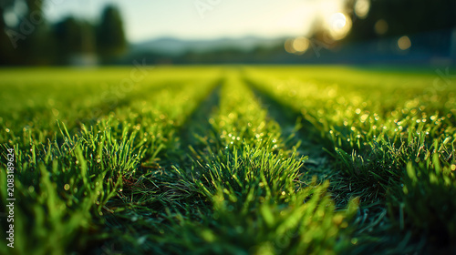 Lush green field glistens under golden morning sunlight with dew covered grass