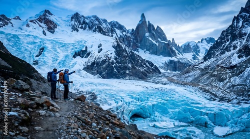 Two hikers looking at a massive blue glacier and towering snow-covered mountains during a trek