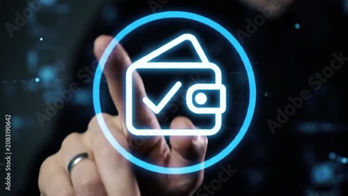 Hand touching glowing digital wallet icon with checkmark for secure payment verification