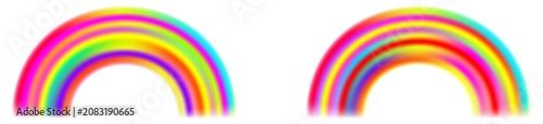 Collection of vibrant bold neon striped rainbow arches pair isolated on transparent background. Two fluid gradient spectrum semi-circle wide curve elements with dynamic colorful stripes and red glow. 