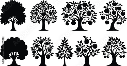 Tree silhouette icon collection of diverse orchard plant