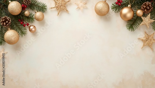 A festive holiday border made of fir branches, golden ornaments, pinecones, and star decorations, creating a warm and inviting atmosphere for Christmas and winter celebrations