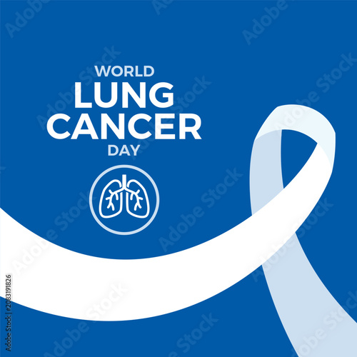 World Lung Cancer Day poster vector illustration. White cancer awareness ribbon and human lung icon on a blue background. Template for background, banner, card. August 1 every year. Important day