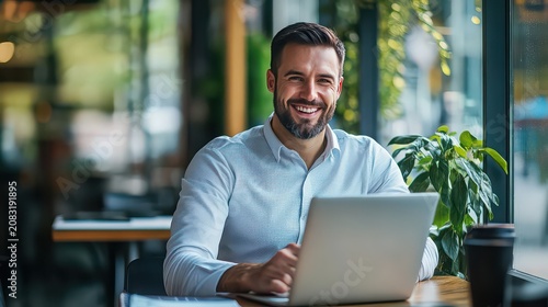Businessman dressed in a crisp white shirt sits at a coffee shop table while working on a laptop and looking towards the camera with a warm and confident smile.
